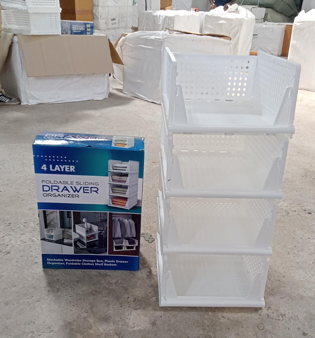 Stackable and foldable plastic drawer organizer with four layers for multi-purpose use. Stackable and foldable plastic drawer organizer with four layers for multi-purpose use.